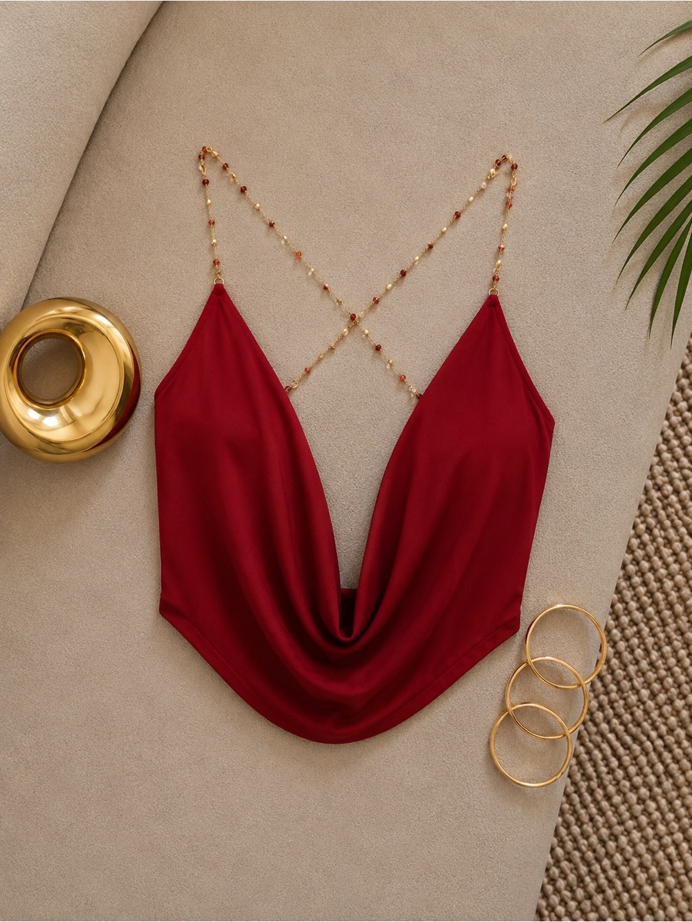 Women's Red Cowl Neck Crop Top with Beaded Straps